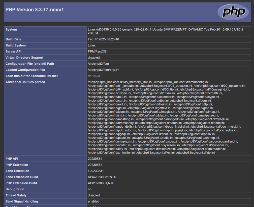Beispiel einer Ausgabe von phpinfo() zur Überprüfung der WordPress PHP Version